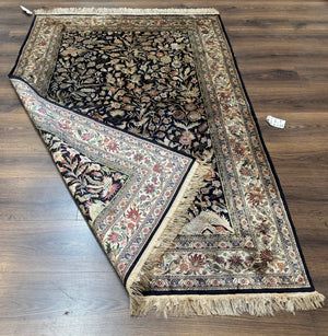 Silk Rug 4x6, Black and Cream, Floral & Bird Pictorials, Fine 330 KPSI, Sino Persian Rug