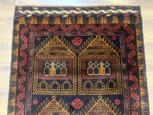 Afghan Rug 3x7, Navy Blue, Tribal Rug, Balouch Carpet, New