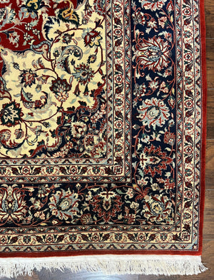 Fine Sino Persian Rug 7x10 ft, Floral Central Medallion Oriental Carpet, Red Navy Blue Cream, Hand Knotted Wool Traditional Vintage Rug