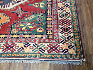 Vintage Turkish Kazak Area Rug, 6ft Square Rug, 6x6 Square Oriental Carpet, Hand-Knotted, Wool, Bold Colors, Red Blue Green, Geometric Rug