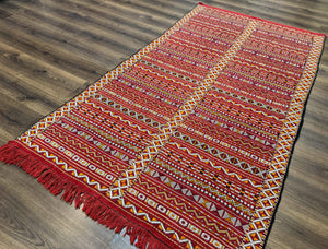 Moroccan Kilim Rug 4x8, Flatweave, Bohemian, Red Ivory Orange