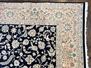 Pak Persian Rug 8x11, Fine Floral Allover Oriental Carpet 8 x 11 ft, Dark Blue and Pink, Room Sized Wool Vintage Rug, Hand Knotted Rug