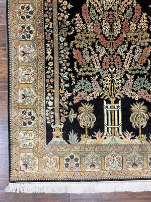 Wonderful Sino Persian Silk Rug 4x6, Tree of LIfe Design, Masterpiece 575 KPSI, Birds, Prayer Rug, Black, Silk on Silk