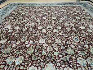 Persian Rug 9x12, Floral Allover, Very Fine, Handmade, Room Sized Oriental Carpet, Sino Persian, Maroon and Navy Blue