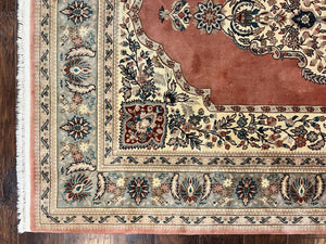 Indo Persian Rug 6x9, Semi Open Field Medallion Rug, Vintage Hand Knotted Wool Oriental Carpet, Traditional Rug, Light Pink, Medium Size