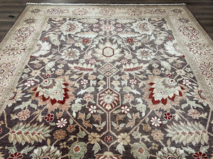 Vintage Indian Rug 9x12, Sultanabad Area Rug 9 x 12, Wool Hand Knotted Living Room Oriental Carpet, Eggplant and Khaki Color, Teawashed Rug