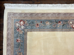Chinese Carving Rug 8x10, Chinese Wool Carpet 8 x 10, Cream, 120 Line Rug, Vintage Handmade Art Deco Asian Oriental Rug, Aubusson Rug