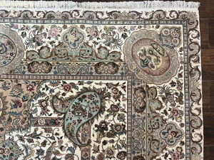 Sino Persian Rug 9x12, Wool on Silk Foundation Hand Knotted Ivory Vintage Carpet, Birds Design, Very Fine Room Sized Floral Oriental Rug