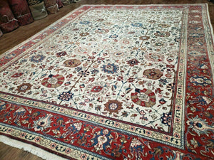 Antique Persian Tabriz Rug 9x12, Hand Knotted Oriental Carpet 9 x 12 ft, Vintage Wool Room Sized Rug, Cream and Red, Floral Allover Handmade Rug
