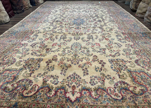 Palace Size Persian Kerman Rug 11x20 ft, Very Fine 340 KPSI, Vintage Oversized Wool Handmade Large Persian Carpet, Beige Light Blue Pink