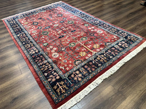 Indo Persian Heriz Serapi Rug 6x8, Rust Red and Navy Blue, Allover Pattern