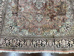 Indian Kashmiri Silk Rug 9x12, Vintage Rug 9 x 12 ft, Salmon Ivory Black Hand-Knotted Silk on Cotton Oriental Floral Carpet, Traditional Rug
