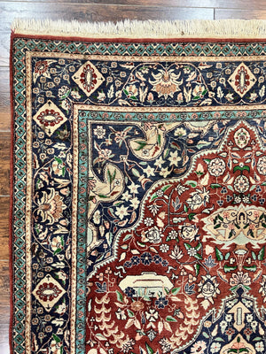 Pak Persian Rug 5x7, Wool Hand Knotted Vintage Carpet, Floral Medallion Rug, Brick Red & Navy Blue, Fine Weave, Medium Sized Rug