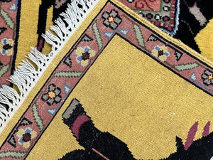 Unique Indian Pictorial Rug 2x3, Small Wool Hand Knotted Oriental Carpet, Yellow, Two Elephants, Handmade