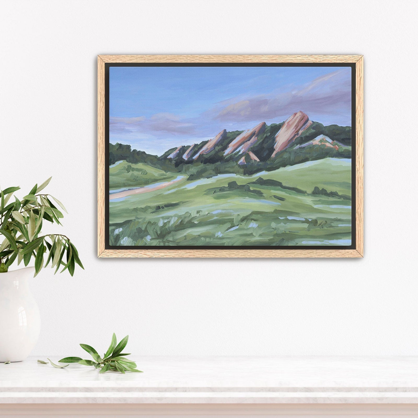 "Evening at the Flatirons" 8x10 Stretched Canvas Art Print with Oak Frame || Final Sale