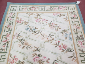 Vintage Aubusson Area Rug, Aubusson Flat weave Carpet, Floral Geometric Pattern, Beige Teal Green, 4x6 Rug, European Design