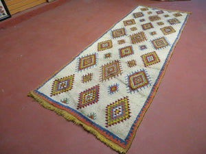 Moroccan Wide Runner Rug 3' 6" x 9', Vintage Azilal Berber Carpet Tribal Runner, Colorful Diamonds Ivory Orange Yellow, Soft Wool Handmade