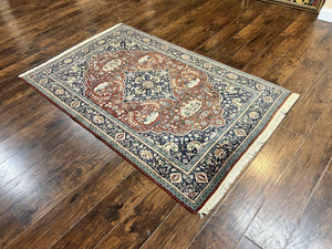 Pak Persian Rug 5x7, Wool Hand Knotted Vintage Carpet, Floral Medallion Rug, Brick Red & Navy Blue, Fine Weave, Medium Sized Rug