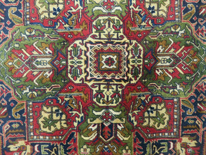 Persian Tabriz Rug 10x13 Oriental Carpet, Ivory Open Field, Geometric Medallion, Red Blue, Hand Knotted, Large Wool Area Rug Vintage Antique 1950s