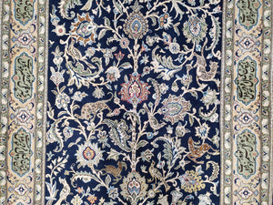 Semi Antique Persian Qum Tree of Life Rug, Hand-Knotted, Wool, Midnight Blue and Tan, Animal Pictorials, Written Poem in Borders, 4' 8" x 7' 8"