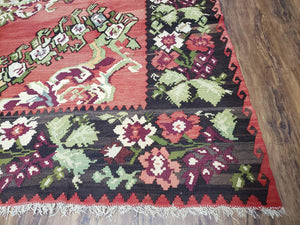 Karabakh Rug 8x11, Caucasian Kilim Rug, Vintage Antique Turkish Anatolian Azerbaijani Carpet, Wool Red & Black Hand-Woven 8 x 11 Living Room