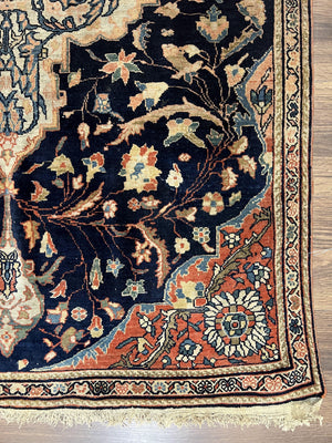 Antique Persian Rug 3.5 x 5, Sarouk Farahan Rug, High Quality 1920s Fine Oriental Carpet 3 x 5 ft, Large Medallion, Floral, Navy Blue Red, Hand Knotted Wool Rug
