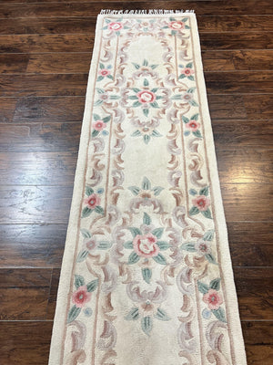 Chinese Aubusson Runner Rug 2.4 x 11, Hand Tufted Beige Floral European Design Hallway Rug, Elegant Rug, Vintage Wool Rug 11ft Long