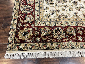 Indo Persian Rug 8x10, Wool Hand Knotted Vintage Carpet, Ivory Maroon, 8 x 10 Traditional Oriental Rug, Floral Allover Rug