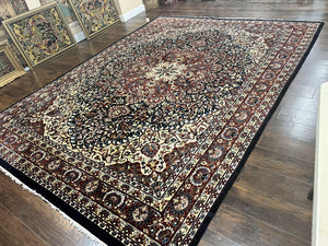 Indo Persian Rug 9x13, Floral Medallion, Midnight Blue & Burgundy, Hand Knotted Vintage Room Sized Traditional Wool Oriental Carpet