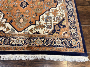 Indo Heriz Rug 6x8, Wool Hand Knotted Vintage Oriental Carpet, Orange-Red Ivory & Navy Blue, Medallion Rug, Handmade Indo Persian Rug