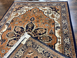 Indo Heriz Rug 6x8, Wool Hand Knotted Vintage Oriental Carpet, Orange-Red Ivory & Navy Blue, Medallion Rug, Handmade Indo Persian Rug