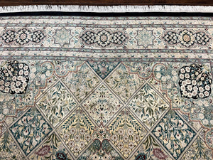 Pak Persian Kirman Rug 9x12, Panel Design Oriental Carpet 9 x 12 ft, Wool Hand Knotted Handmade Traditional Room Sized Vintage Rug, Green