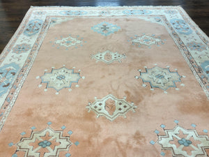 Turkish Oushak Rug 9x12, Wool Hand Knotted Vintage Carpet, Peach Cream Light Blue Room Sized Oriental Rug