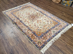 Vintage Persian Isfahan Lachak Toranj Rug, Highly Detailed, Kork Wool on Silk Foundation, Beige and Dark Blue, Hand-Knotted, 3'6" x 5' 4"