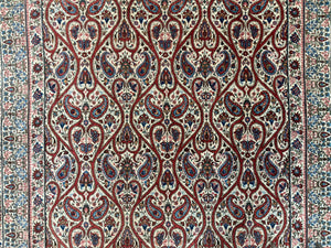 Unique Persian Qum Rug 5x7, Repeated Paisely Boteh Design, Ivory Red Blue, Handmade Antique Wool Persian Carpet, Finely Hand Knotted