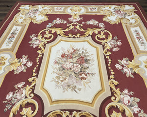 Aubusson Rug 9x12, Red Ivory Gold Tan, Handmade Hand Woven Aubusson Savonnerie Carpet, Vintage Flatweave Room Sized Aubusson Area Rug 9 x 12