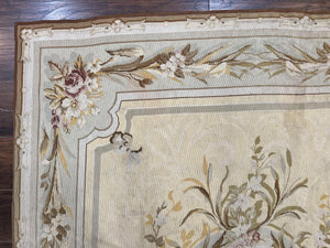 Needlepoint Rug 6x9, Elegant European Design Aubusson Carpet, Vintage Wool Handmade Rug, Light Yellow Ivory