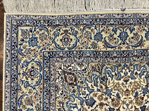 Persian Isfahan Rug 5x8, Kork Wool on Silk Foundation, 440 KPSI, Handmade Vintage Carpet, Floral Medallion Oriental Rug, Ivory & Blue, Very Fine
