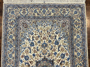 Persian Isfahan Rug 5x8, Kork Wool on Silk Foundation, 440 KPSI, Handmade Vintage Carpet, Floral Medallion Oriental Rug, Ivory & Blue, Very Fine