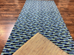 Wide Runner Rug 4.7 x 12, Blue Multicolor Contemporary Wool Power Loomed Rug, Mosiac Design