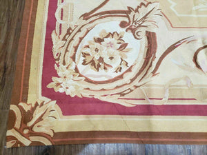 Aubusson Rug 10x13, Savonneire Carpet 10 x 13 ft, Handmade Vintage Flatweave Room Sized Wool Floral Aubusson, Cream/Tan Ivory Reds Pinks