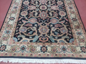 Vintage Indo Persian Mahal Area Rug 4x6, Wool Hand-Knotted Midnight Blue & Ivory Floral Design Indian Carpet, 4 x 6 Traditional Oriental Rug