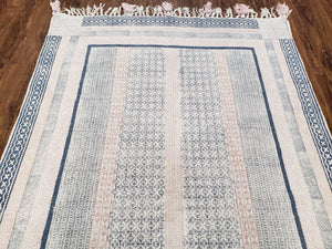Vintage Moroccan Kilim Area Rug 4x6, Ivory & Blues, Moroccan Wall Hanging, Wool, Handmade, 3'9" x 6' 1", Boho Rug, Flatweave Moroccan Carpet