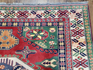 Vintage Turkish Kazak Area Rug, 6ft Square Rug, 6x6 Square Oriental Carpet, Hand-Knotted, Wool, Bold Colors, Red Blue Green, Geometric Rug