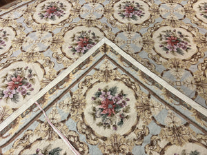Chinese Needlepoint Rug 8x11, Handmade Wool Needlepoint Carpet, Vintage, Sky Blue