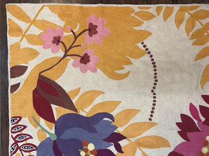 Indian Chain Stitched Rug 4x6, Hand Stitched Indian Embroidery Carpet, Large Floral Design, Contemporary, Cream and Colorful Flowers, Wool