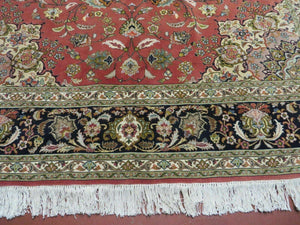 Persian Tabriz Rug 7x10, Floral Medallion Finely Hand Knotted Vintage Authentic Oriental Carpet 7 x 10, Salmon Color, 400 KPSI Elegant, Wool & Silk