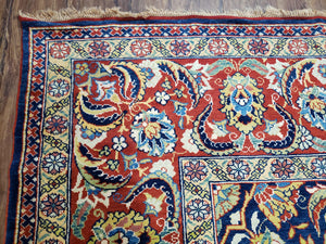 Square Turkish Mahal Rug 8 x 8.5, Colorful Square Carpet, Large 8ft Square Rug, Blue Red Yellow, Handmade Wool, Vintage, Large Flowers, Nice