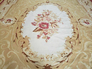 Aubusson Rug 10x13, Savonneire Carpet 10 x 13 ft, Handmade Vintage Flatweave Room Sized Wool Floral Aubusson, Cream/Tan Ivory Reds Pinks