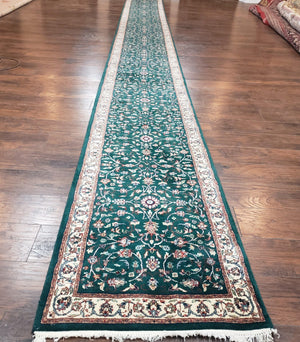Extra Long Runner Rug 24 ft, Skinny & Long Rug for Hallway Corridor 2.6 x 24 Indo Persian Vintage Wool Rug Green and Cream Handmade Oriental